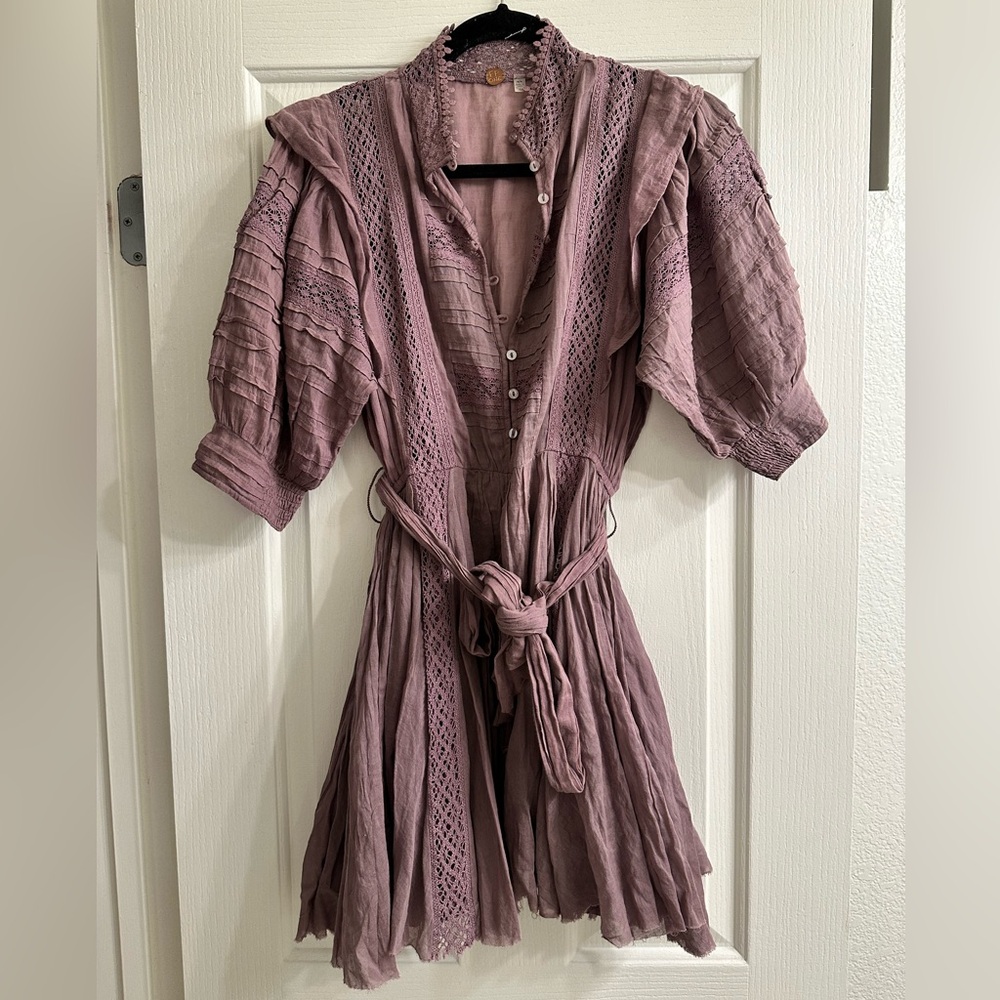 Mauve Button-Up Dress with Lace Details